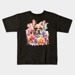 A french bulldog  decorated with beautiful watercolor flowers Kids T-Shirt